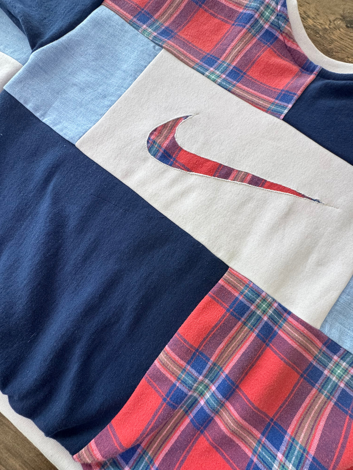 "DENIM & PLAID" Patchwork Sweatshirt. Size L/XL