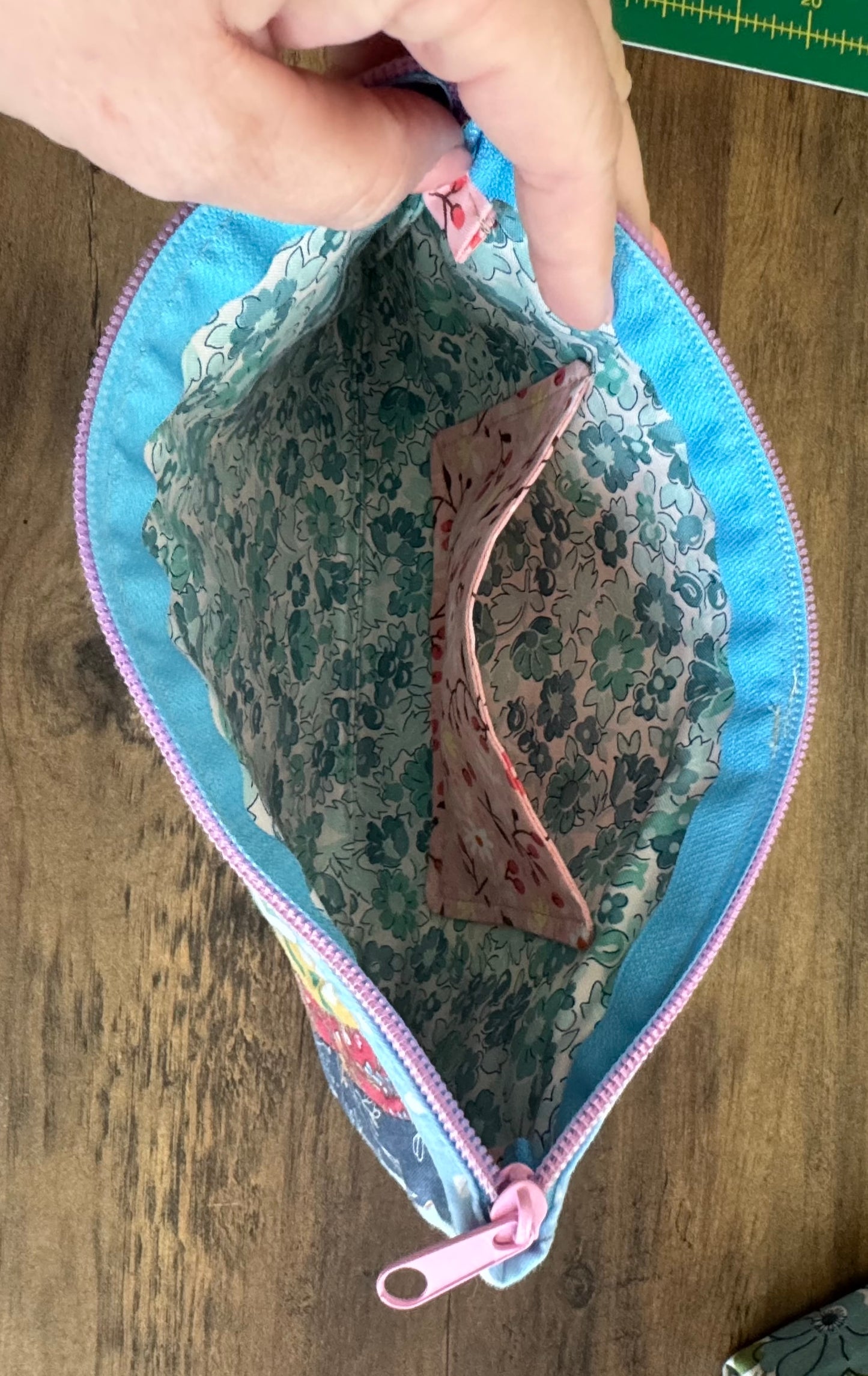 Multicolored Quilted Flower Wristlet. 10" w x 6" t
