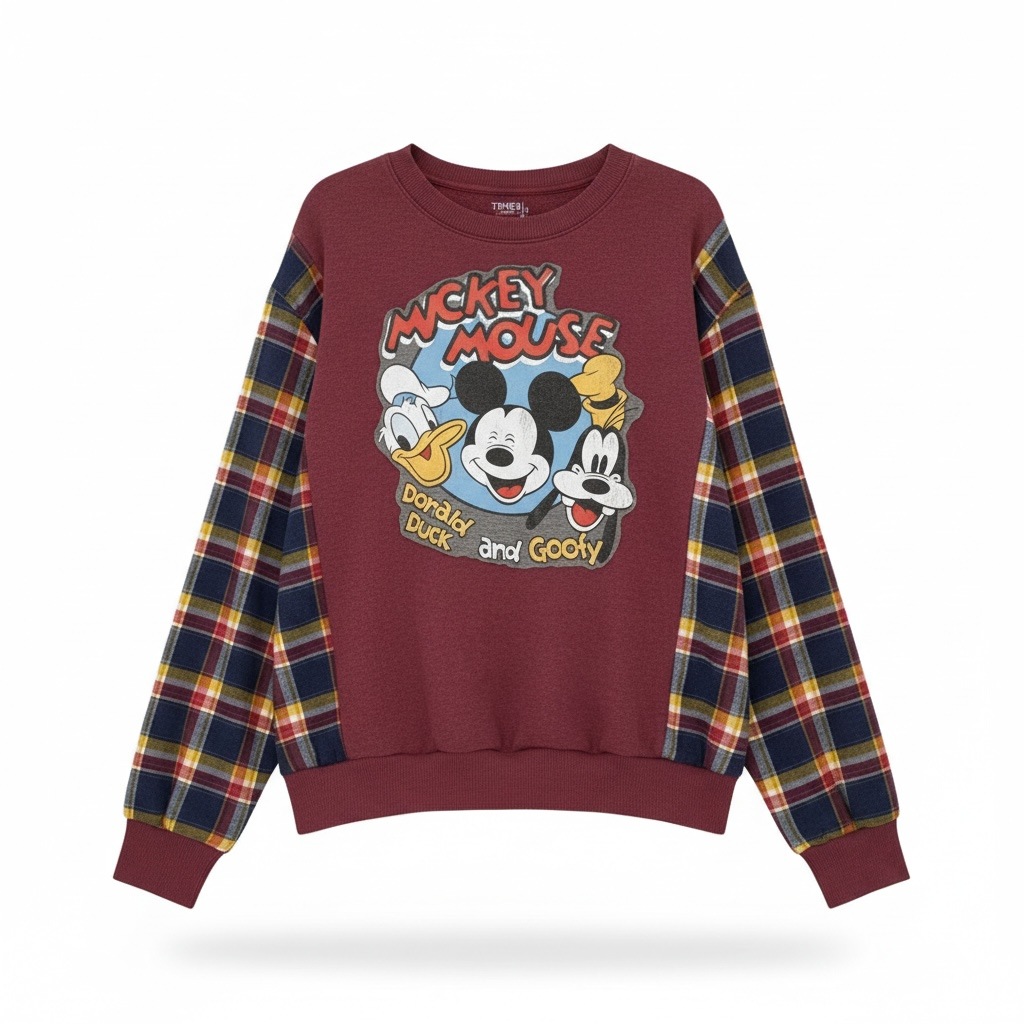 "Mickey Mouse" Maroon Sweatshirt with Flannel Sleeves. Size L/XL