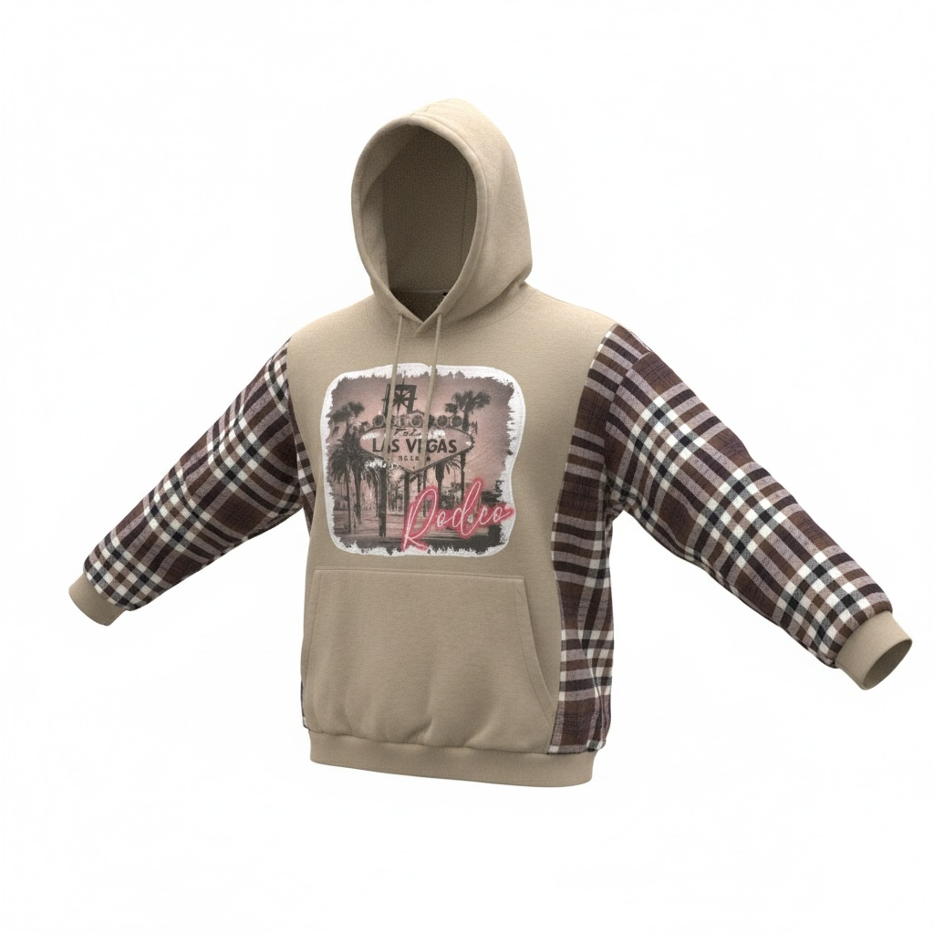 "Las Vegas, Rodeo" Tan Hoodie with Flannel Sleeves. Size 1X/2X