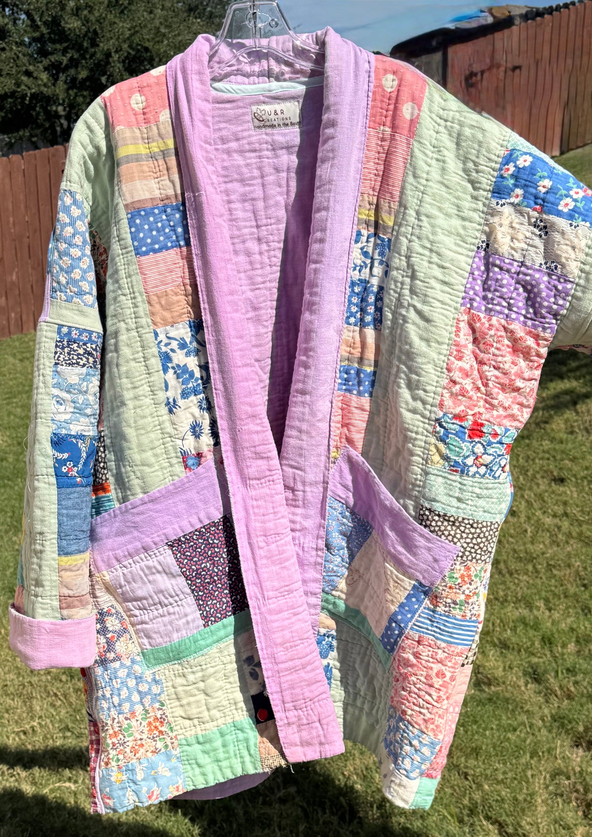 Hand Quilted Feed Sack Patchwork Striped Quilt in Mint Green & Lavender.  Size L/XL (Fits Sizes S-XL