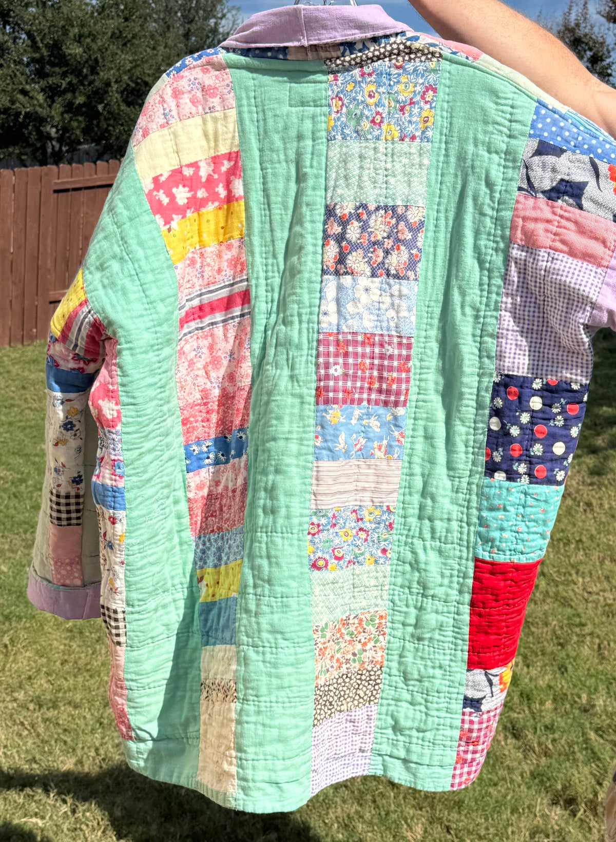 Hand Quilted Feed Sack Patchwork Striped Quilt in Mint Green & Lavender.  Size L/XL (Fits Sizes S-XL
