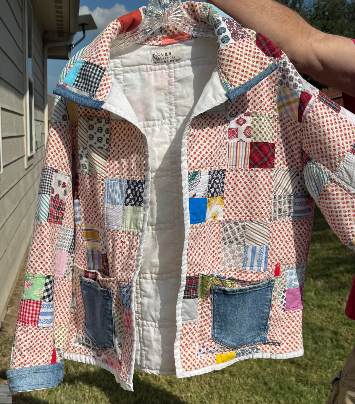 Hand Quilted Patchwork Bomber Jacket with pockets & denim accents.  Size L (Fits S-L)