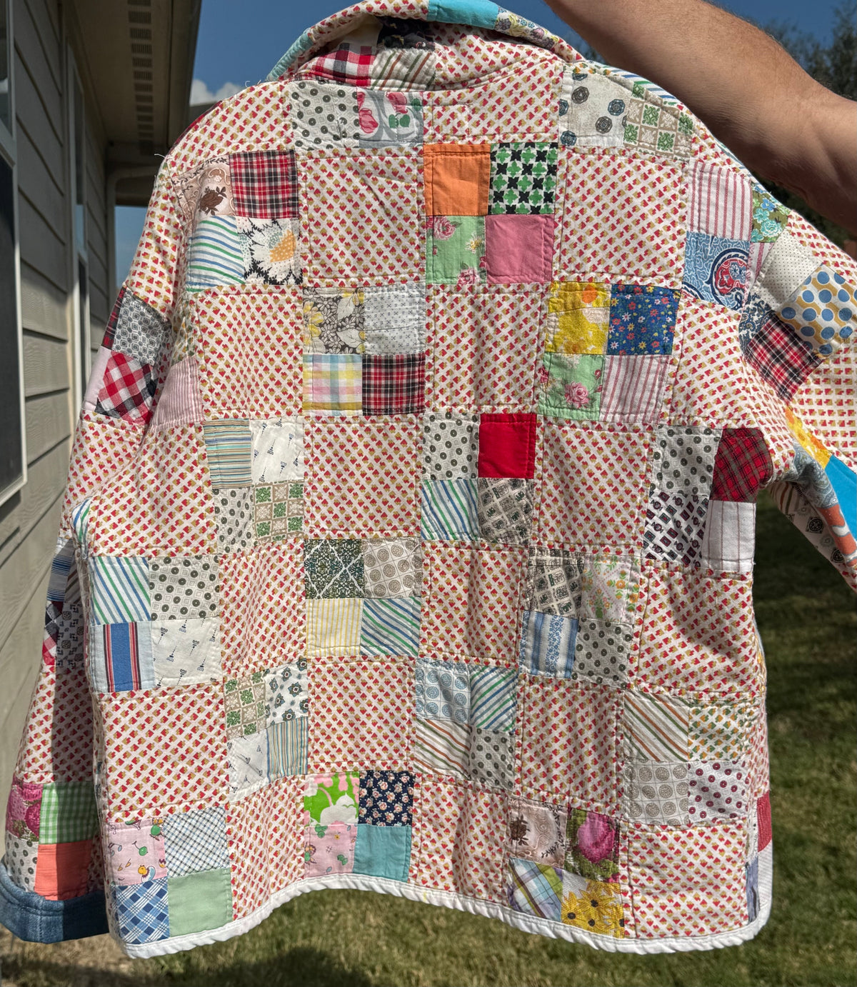 Hand Quilted Patchwork Bomber Jacket with pockets & denim accents.  Size L (Fits S-L)