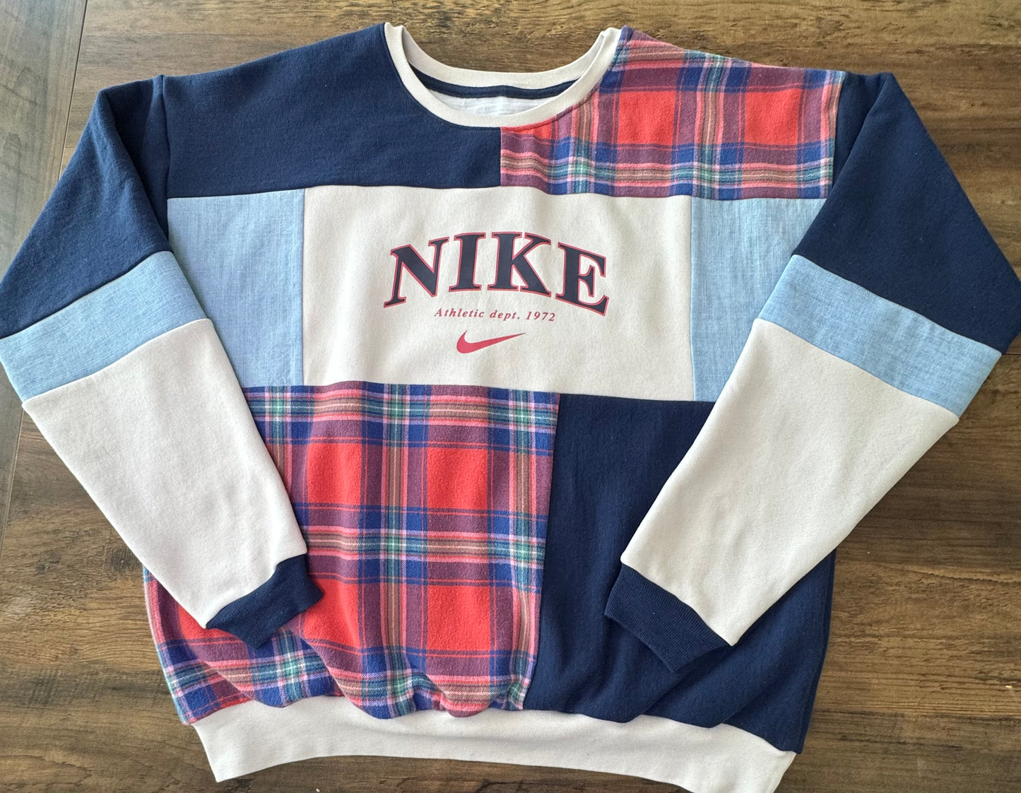 "DENIM & PLAID" Patchwork Sweatshirt.  Size L/XL