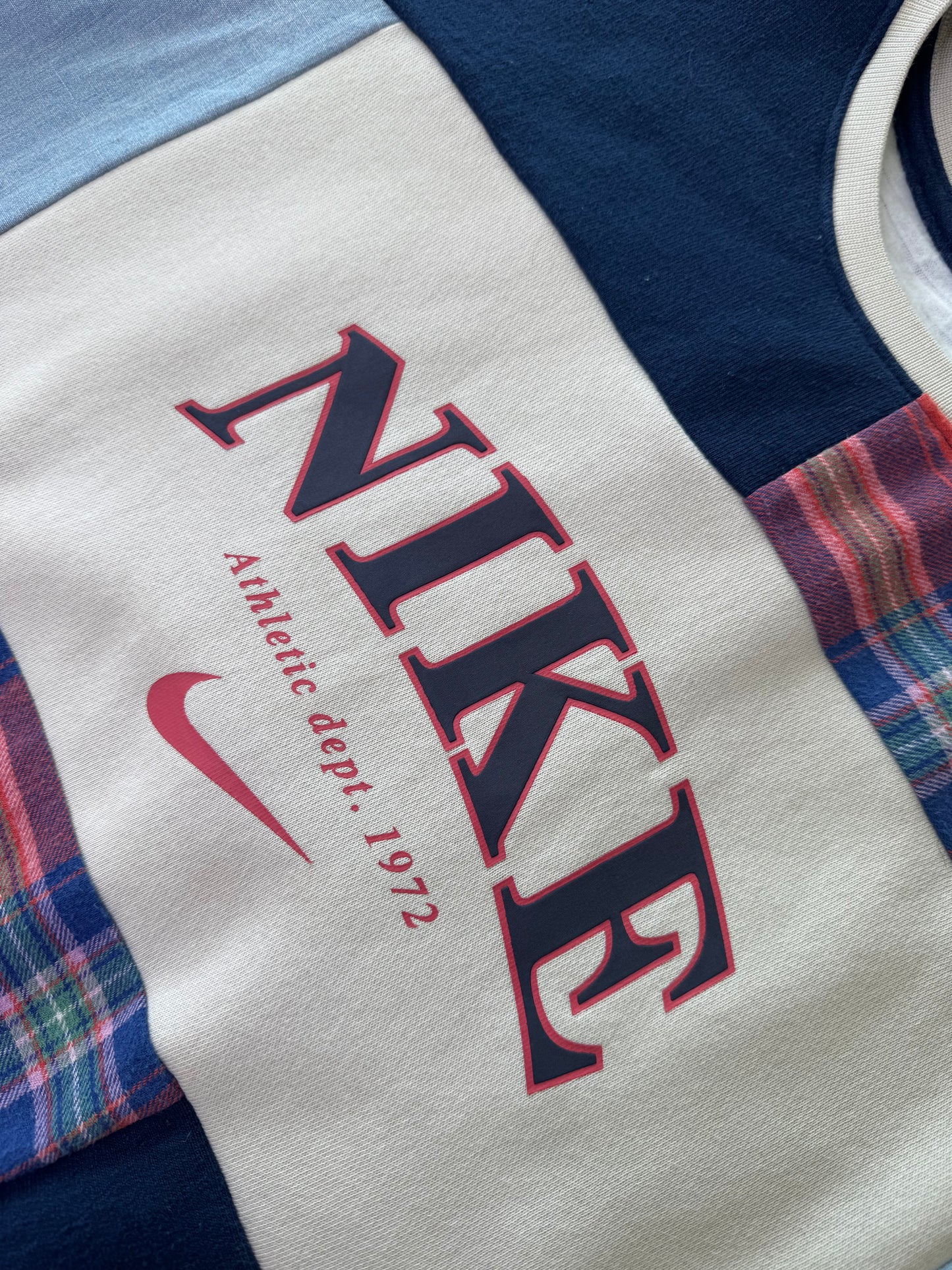 "DENIM & PLAID" Patchwork Sweatshirt.  Size L/XL
