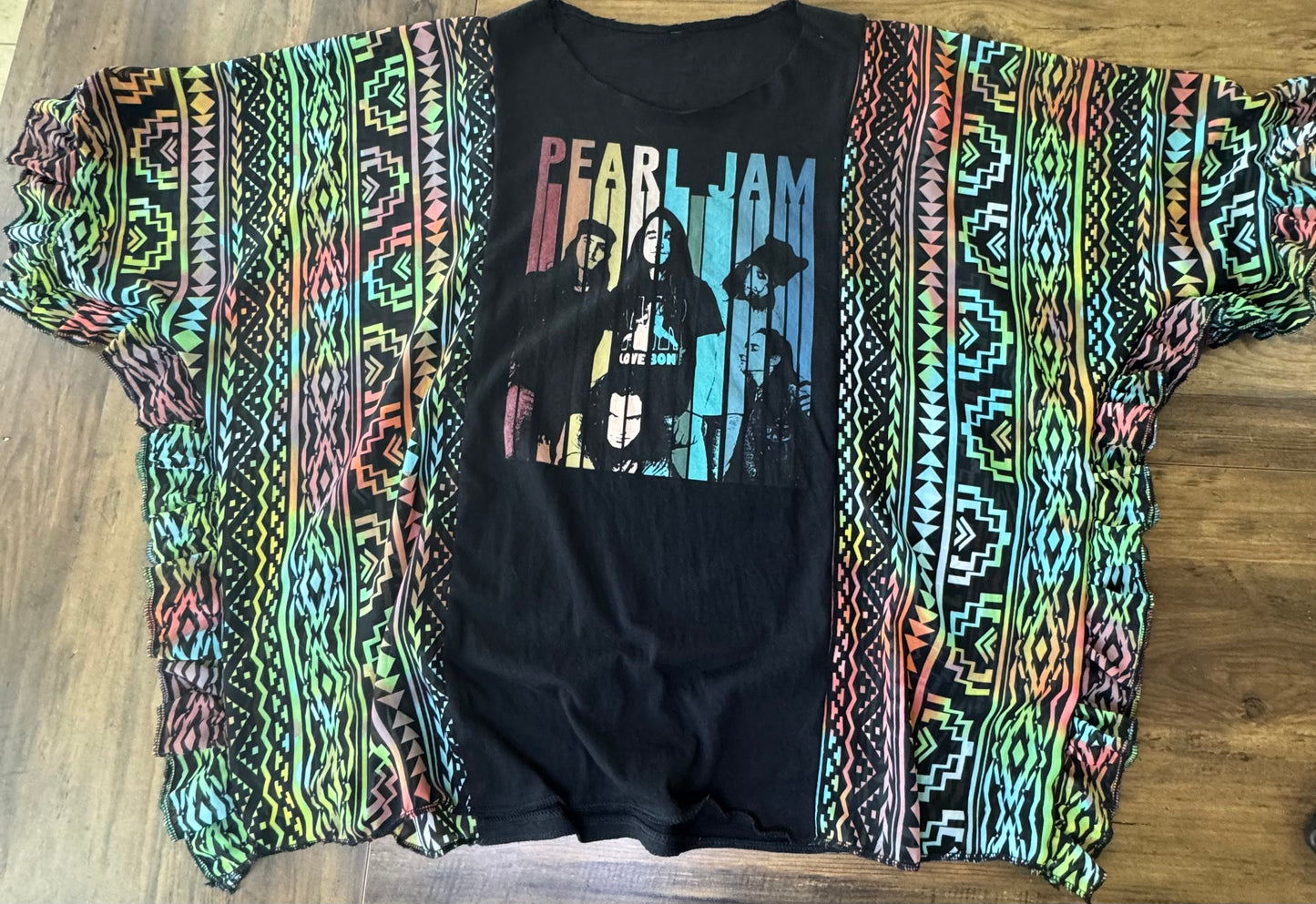"Pearl Jam" Black T-Shirt with Colorful Geometric fabric.  One Size Fits S-XL