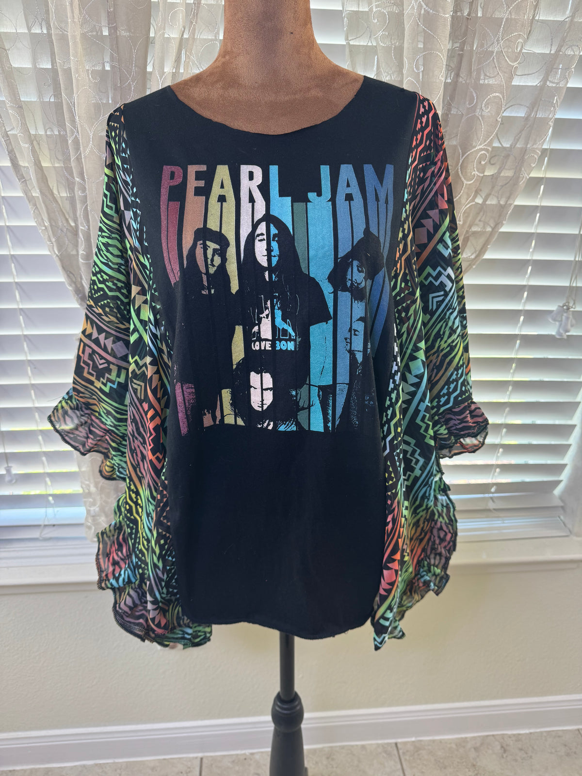 "Pearl Jam" Black T-Shirt with Colorful Geometric fabric.  One Size Fits S-XL