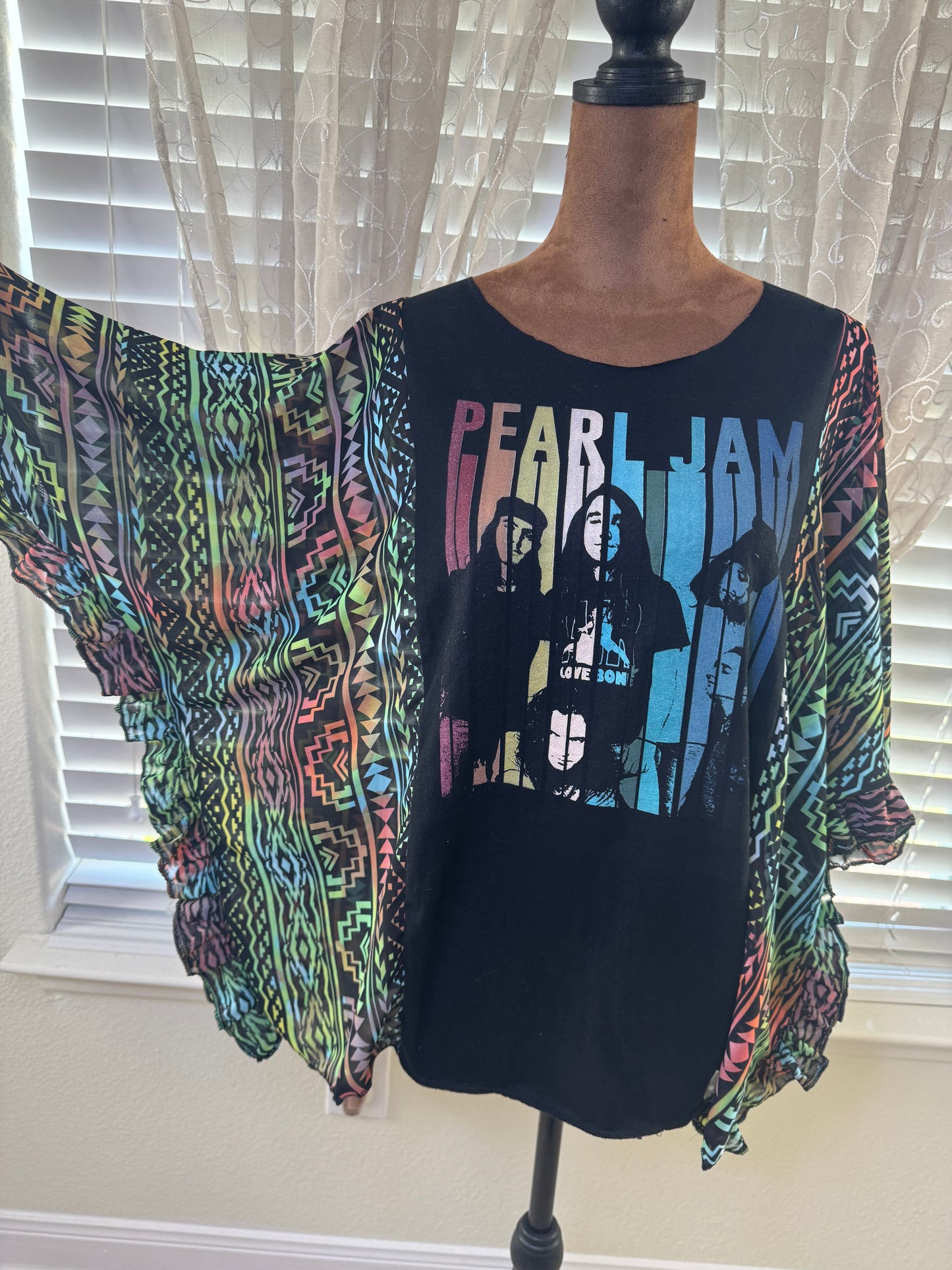"Pearl Jam" Black T-Shirt with Colorful Geometric fabric.  One Size Fits S-XL
