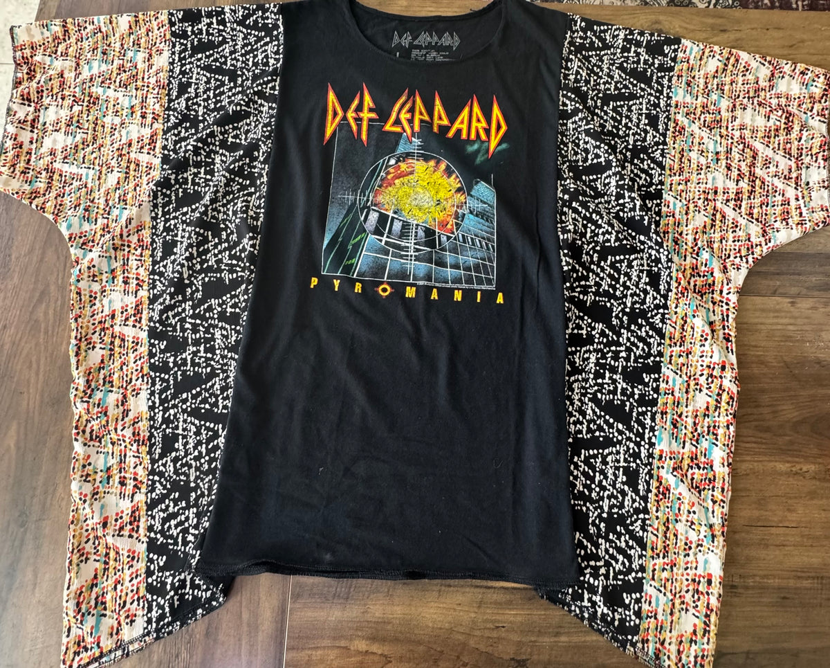 "Def Leppard" Black T-Shirt with multicolor sheer sleeves.  One Size Fits S-2X