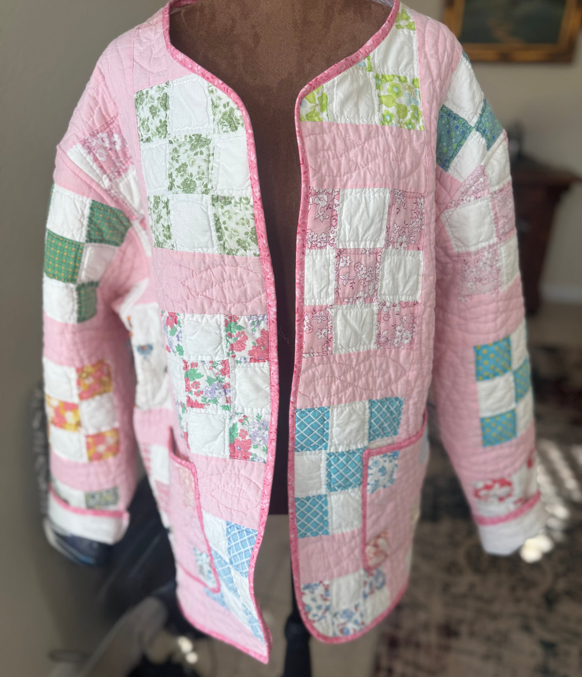 Pink Checkered Nine Patch Quilted Jacket with pockets . Size L