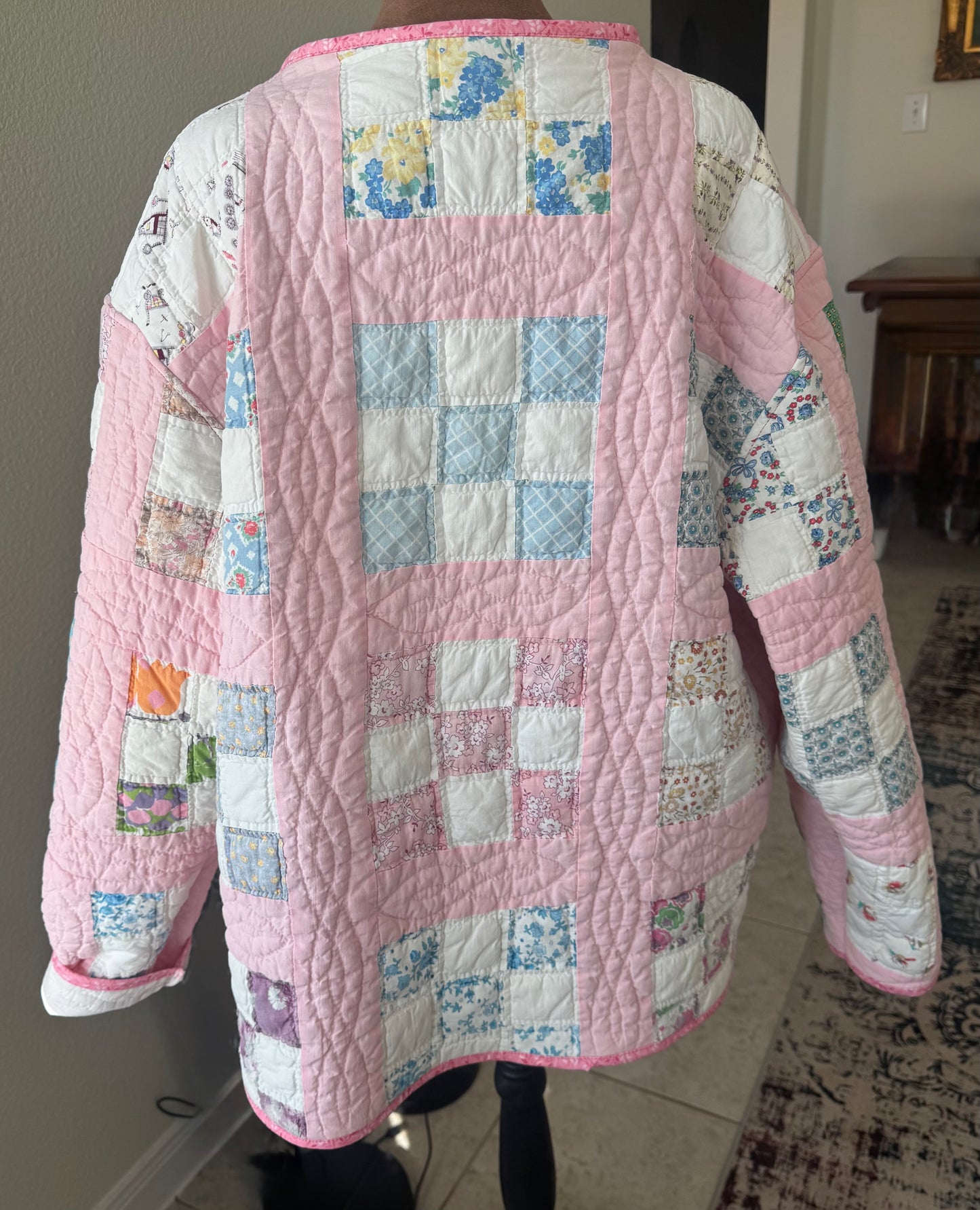Pink Checkered Nine Patch Quilted Jacket with pockets . Size L