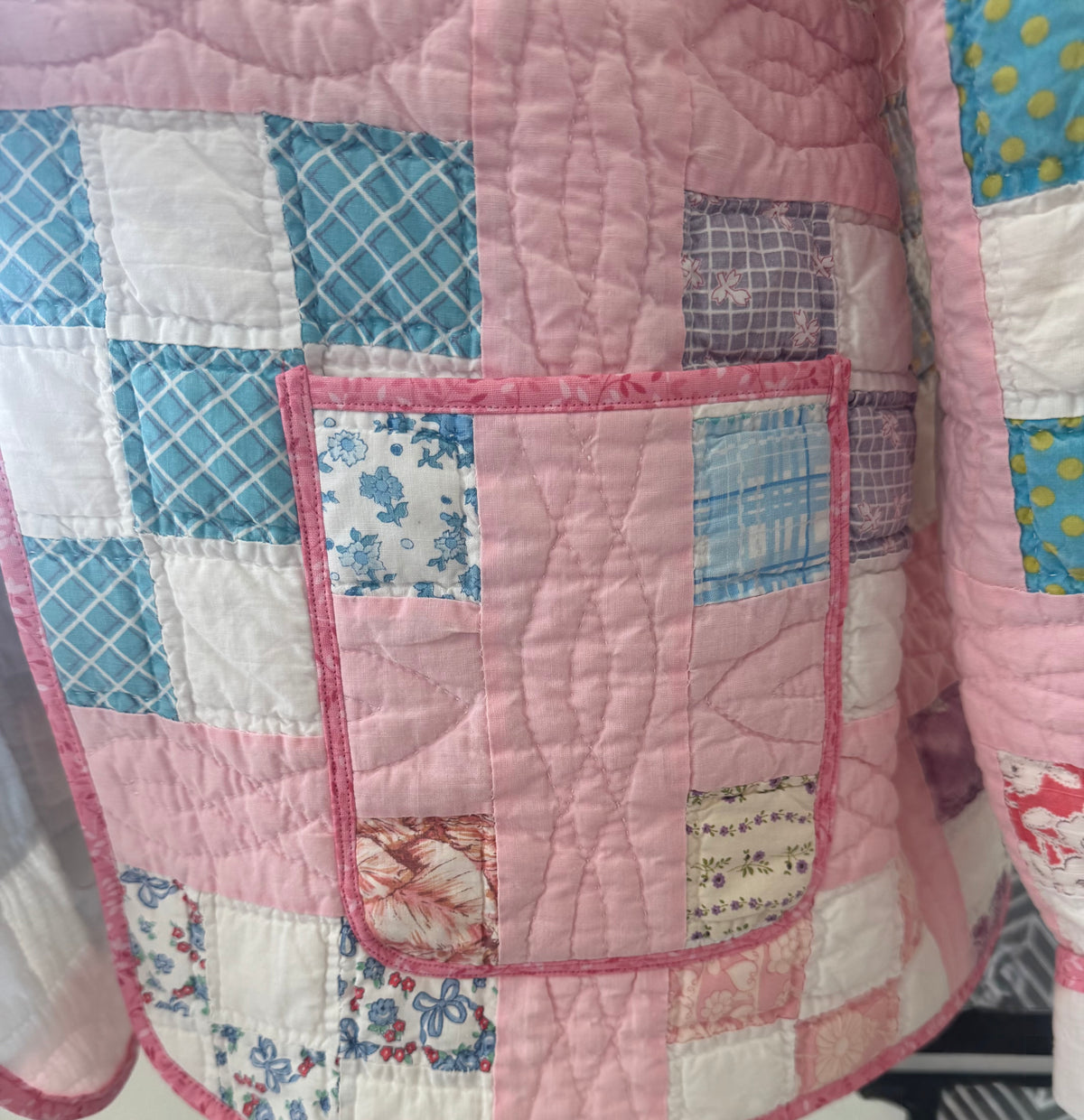 Pink Checkered Nine Patch Quilted Jacket with pockets . Size L