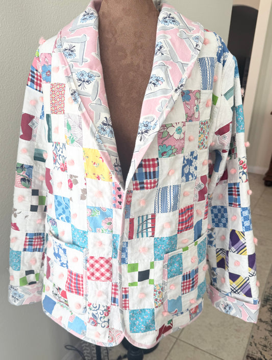 Multicolored Square, Pink Yarn Tied Quilted Jacket with pockets. Size L