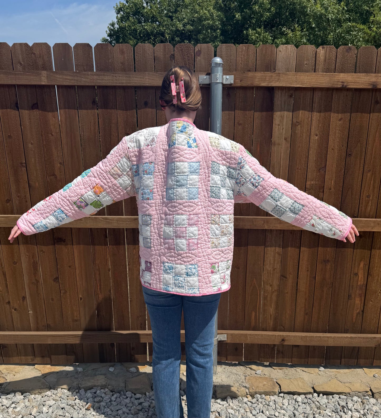 Pink Checkered Nine Patch Quilted Jacket with pockets . Size L