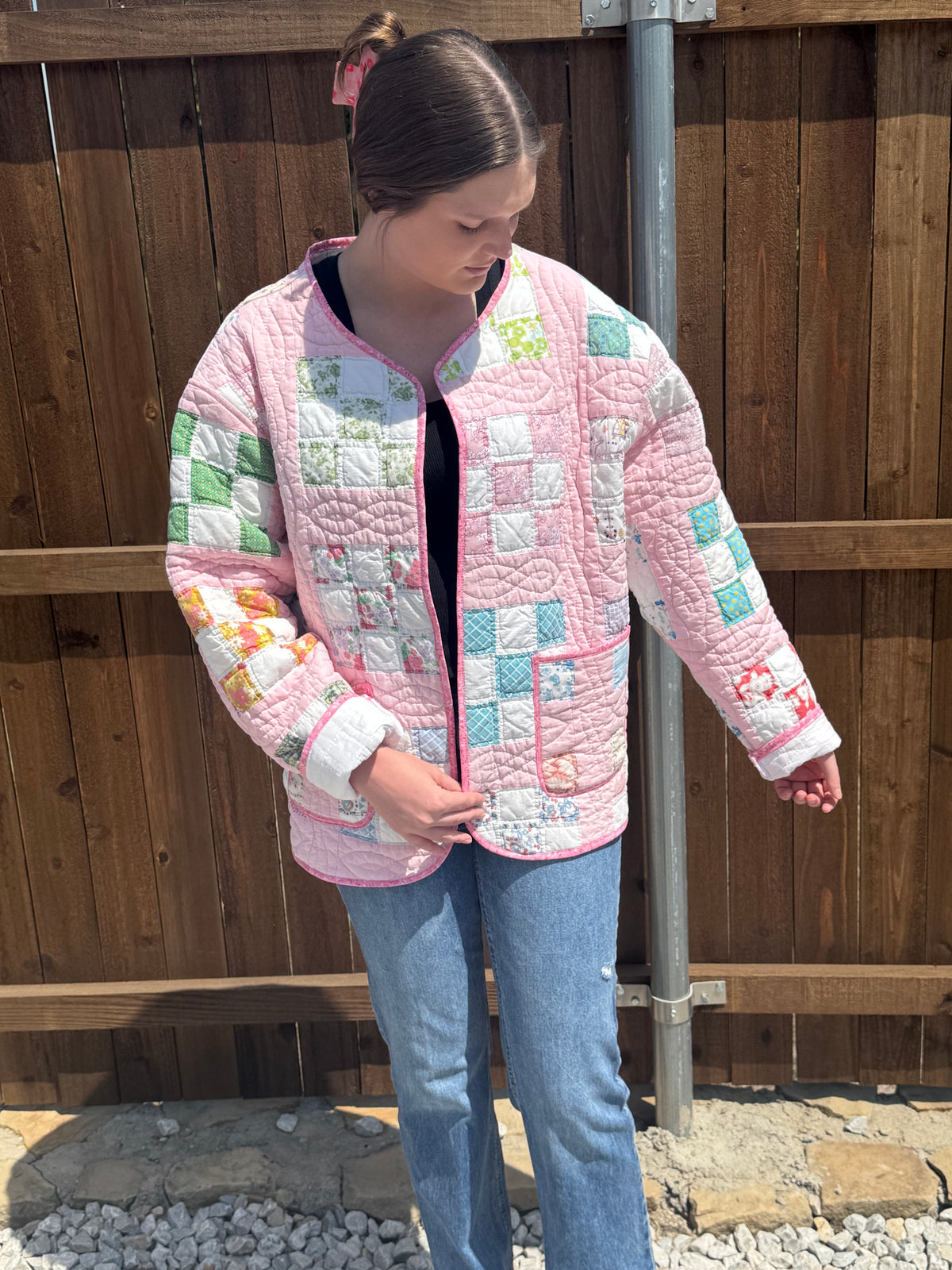 Pink Checkered Nine Patch Quilted Jacket with pockets . Size L