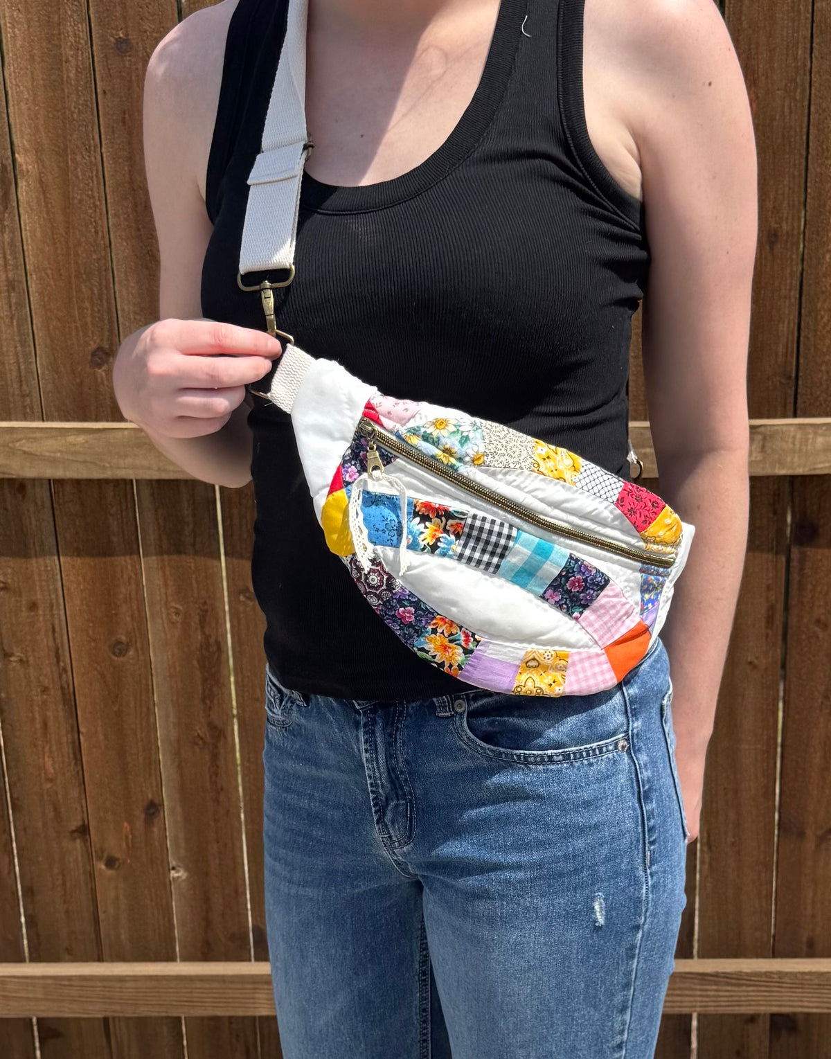Double Wedding Circle Quilted Bumbag. Half Moon.