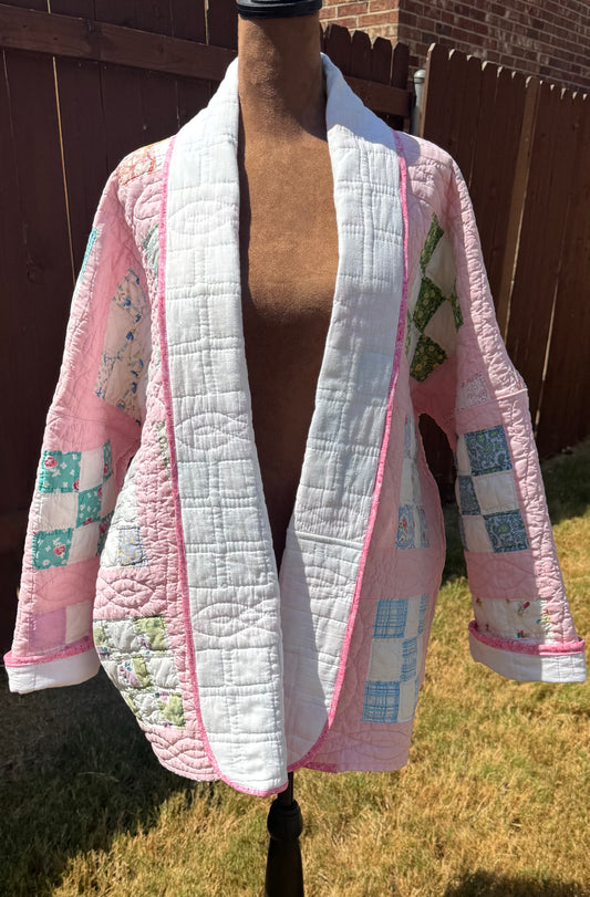 Pink Checkered Vintage Quilt Jacket.  Medium Length. Size M-XL