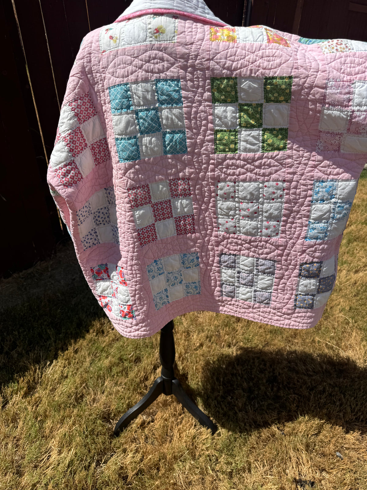 Pink Checkered Vintage Quilt Jacket.  Medium Length. Size M-XL