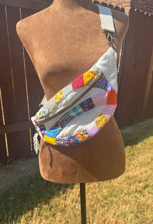 Double Wedding Circle Quilted Bumbag. Half Moon.