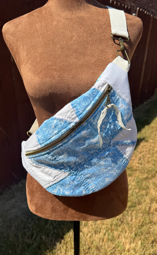 Leaf Pattern Blue Checkered Quilted Large Bum Bag.