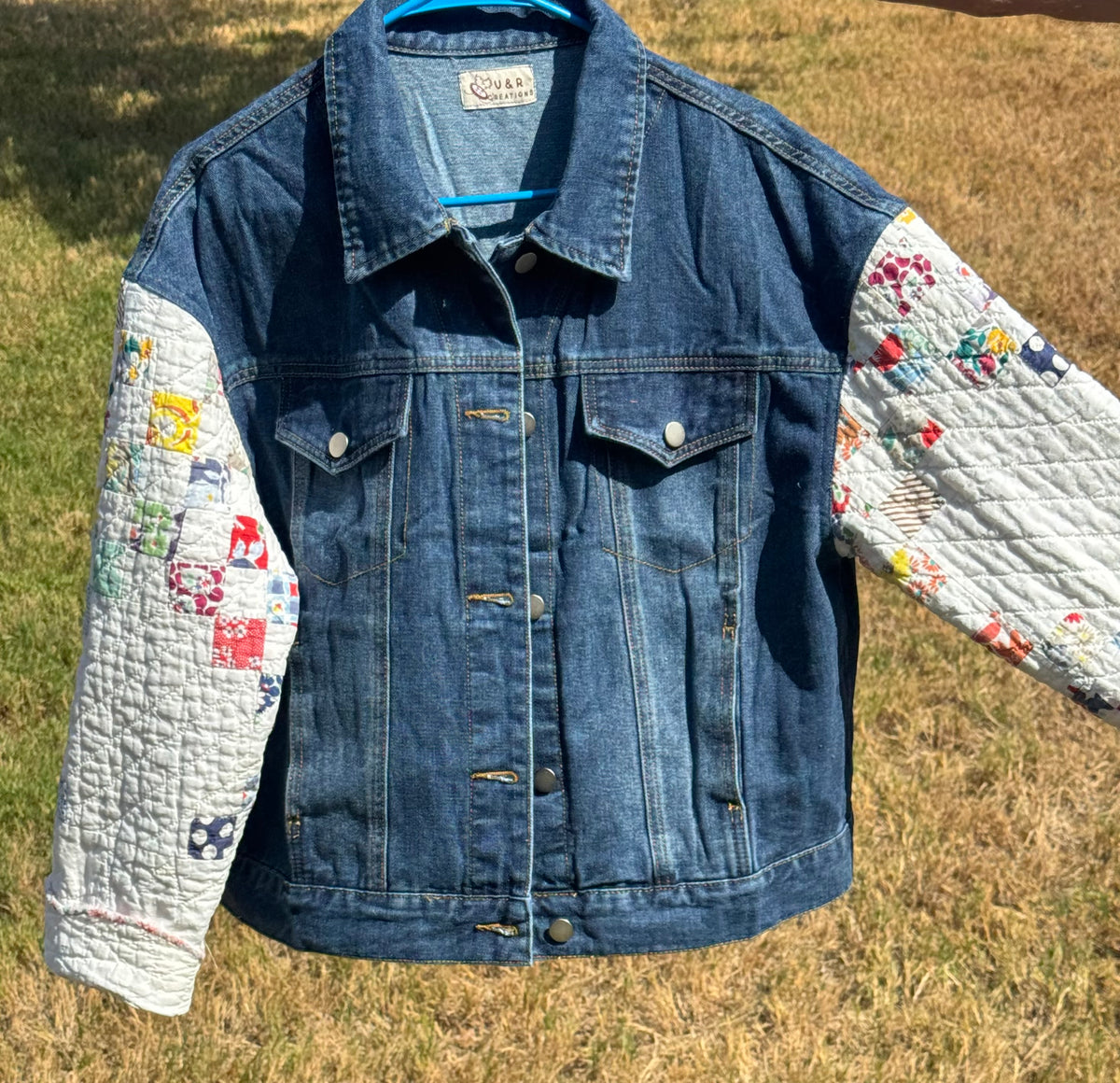 Ivory Irish Chain/Dark Blue Denim Jacket with Cross.  Size M