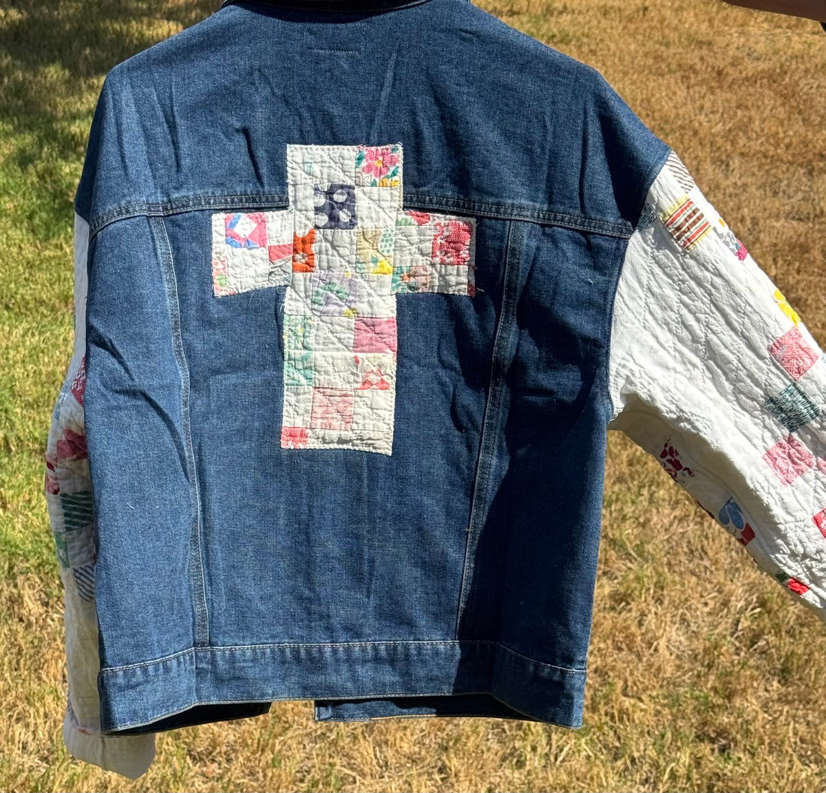 Ivory Irish Chain/Dark Blue Denim Jacket with Cross.  Size M