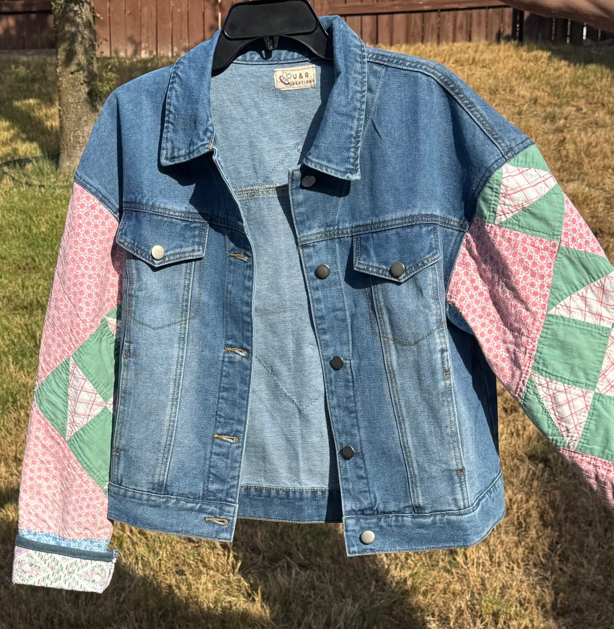 Pink/Green Quilt Sleeve/Denim Jacket.  Size M