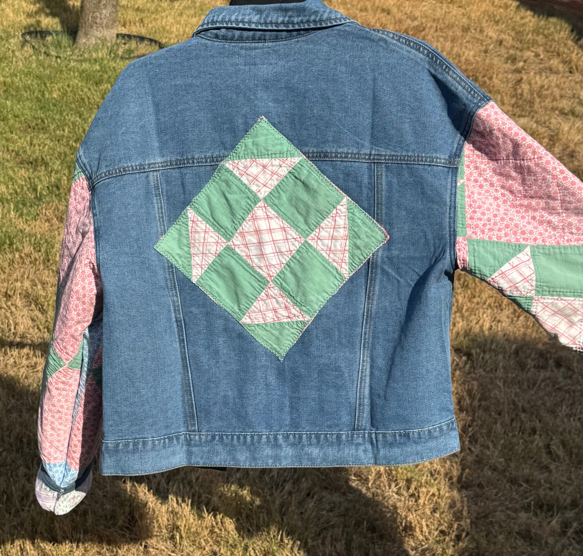 Pink/Green Quilt Sleeve/Denim Jacket.  Size M
