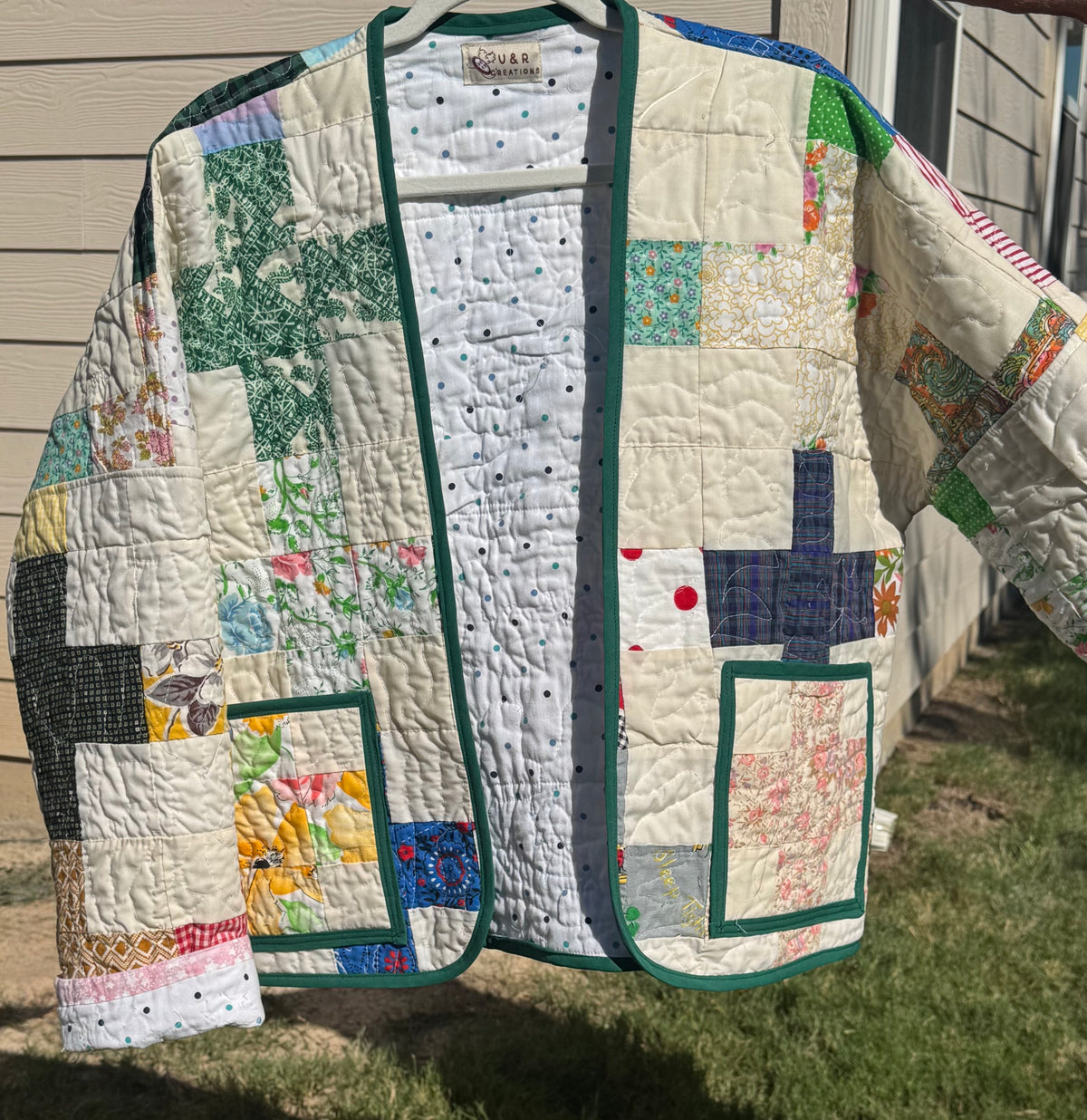 Cross Quilted Jacket With Pockets, Hip Length. Size L/XL