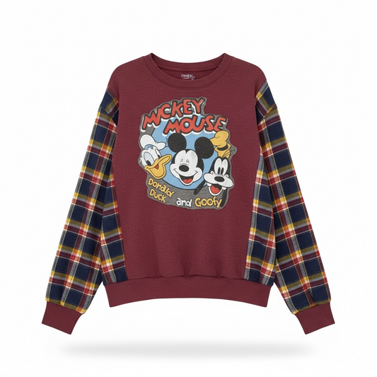 "Mickey Mouse" Maroon Sweatshirt with Flannel Sleeves. Size L/XL