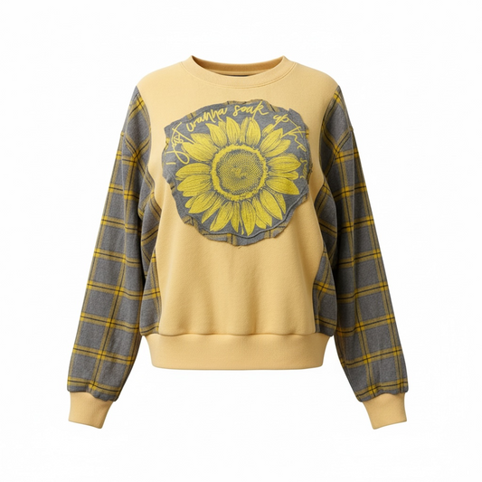 "Soak Up The Sun" Yellow sweatshirt with Flannel Sleeves. Size XL/1X