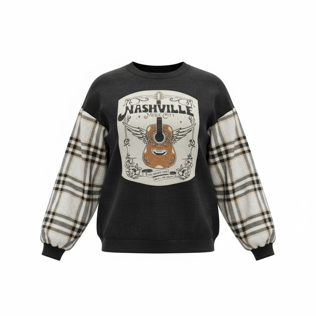 "Nashville" Black Sweatshirt with Flannel Sleeves. Size M/L  3/4 Length Sleeves
