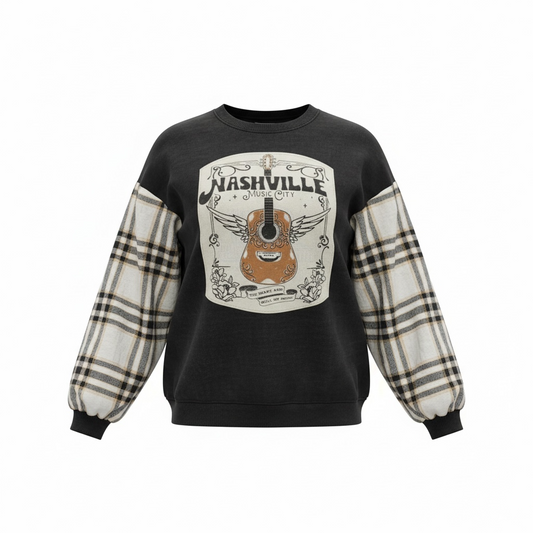 "Nashville" Black Sweatshirt with Flannel Sleeves. Size M/L  3/4 Length Sleeves