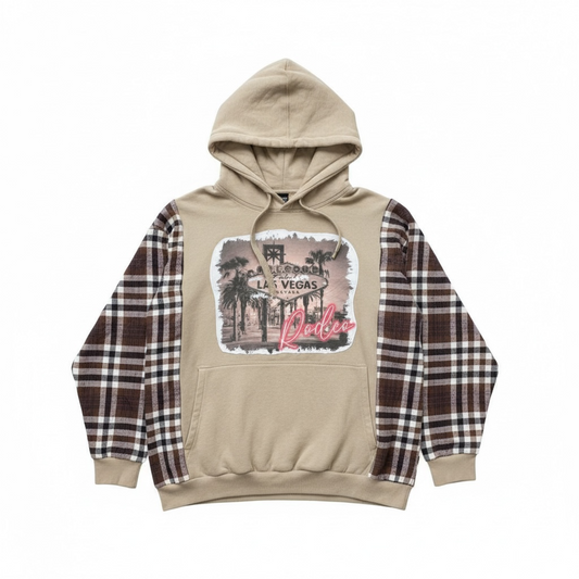 "Las Vegas, Rodeo" Tan Hoodie with Flannel Sleeves. Size 1X/2X