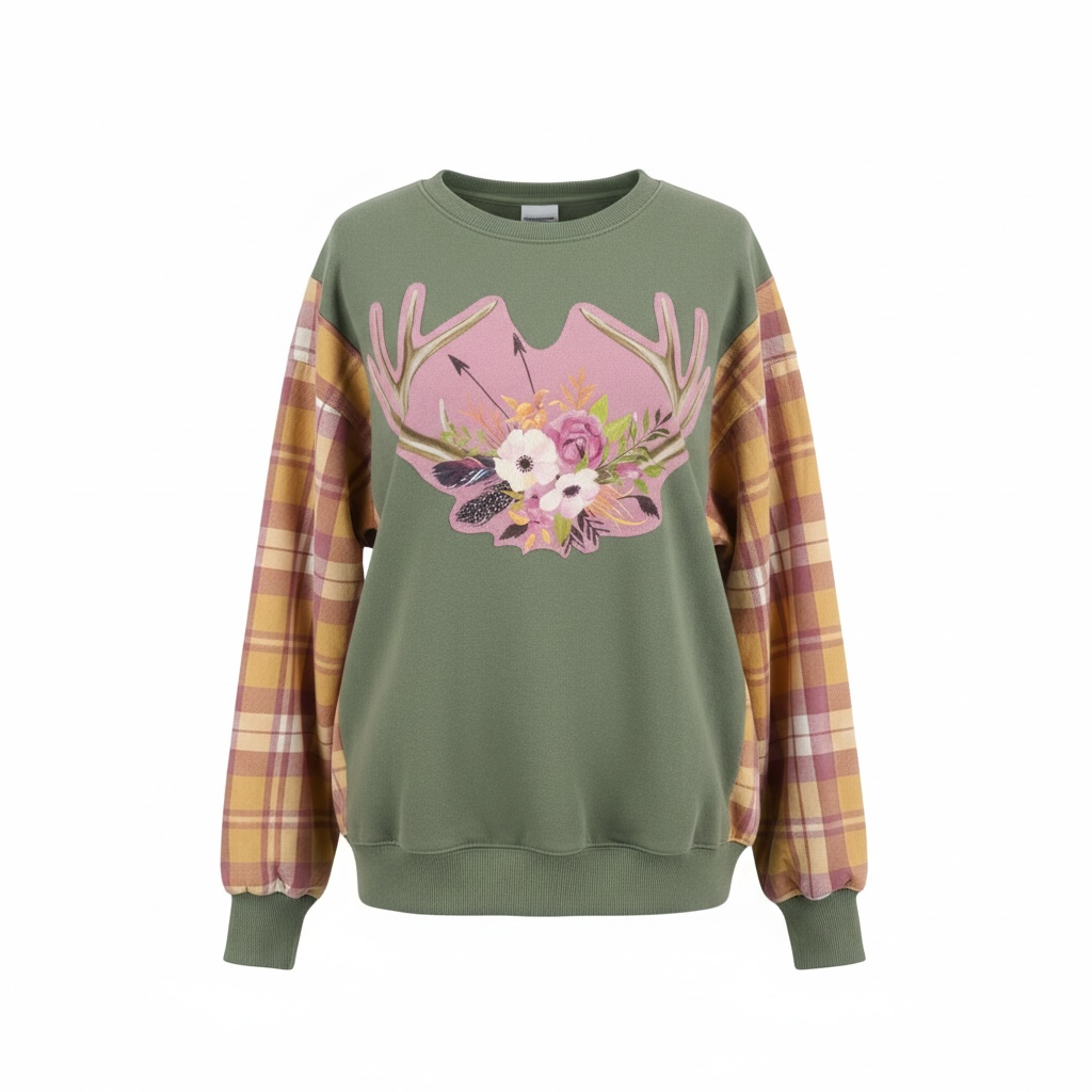"Antlers" Green Sweatshirt with Flannel Sleeves. Size XL