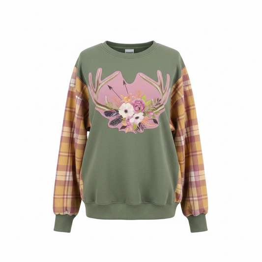 "Antlers" Green Sweatshirt with Flannel Sleeves. Size XL