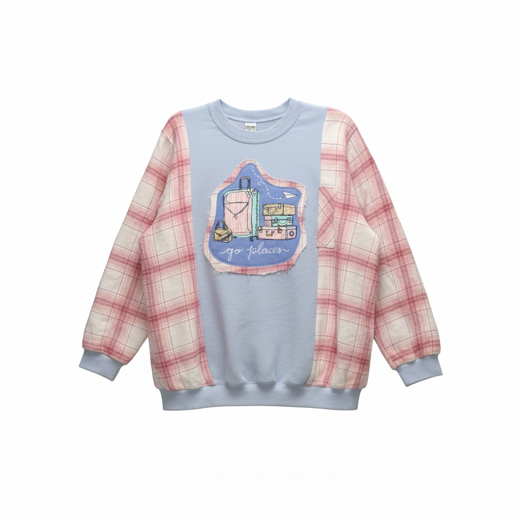"Go Places" Light Blue Sweatshirt with Flannel Sleeves. Size S/M