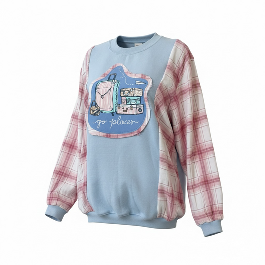 "Go Places" Light Blue Sweatshirt with Flannel Sleeves. Size S/M