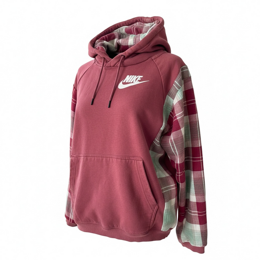 "Nike" Maroon Hoodie with Flannel Sleeves. Size L