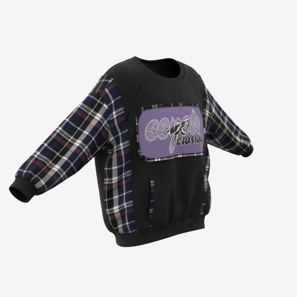 "Coyote Crossing" Black Sweatshirt with Flannel Sleeves. Size 1X/2X