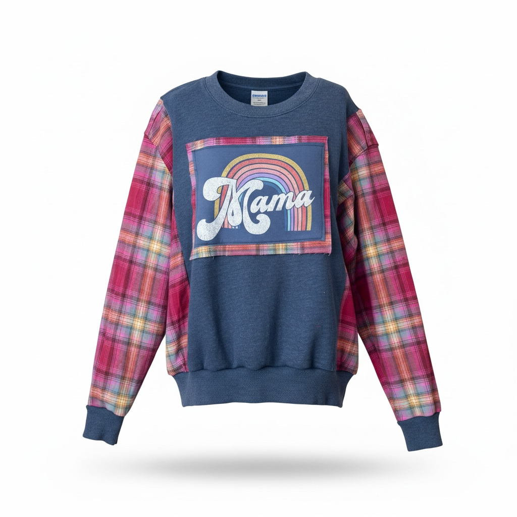 "Mama" Blue Sweatshirt with Flannel Sleeves. Size 1X/2X
