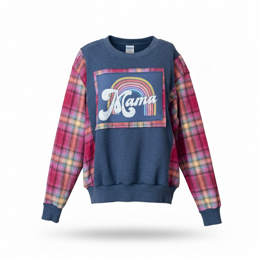 "Mama" Blue Sweatshirt with Flannel Sleeves. Size 1X/2X