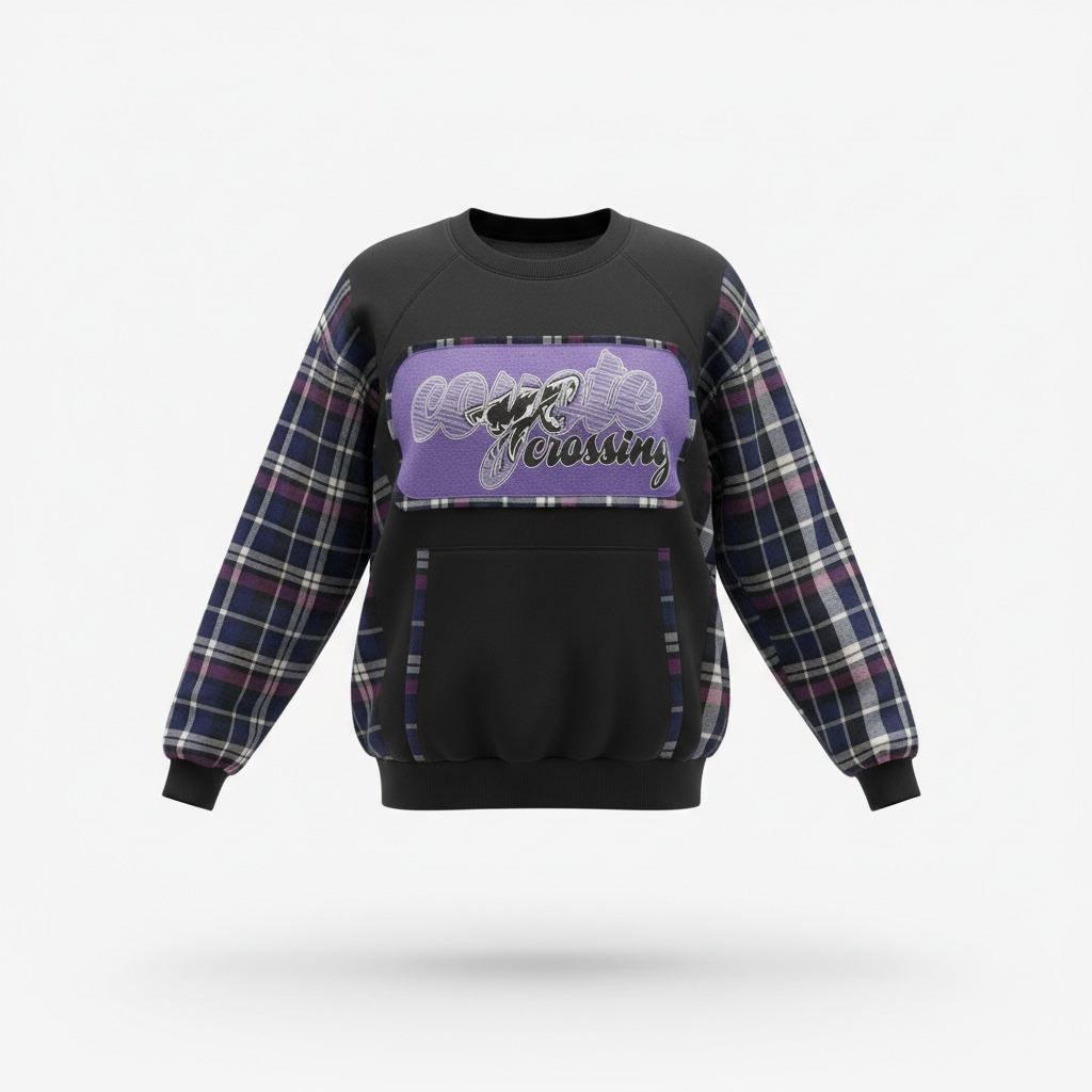 "Coyote Crossing" Black Sweatshirt with Flannel Sleeves. Size 1X/2X