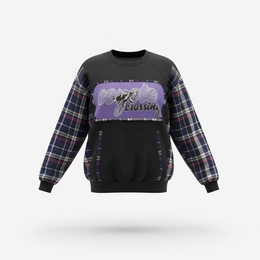 "Coyote Crossing" Black Sweatshirt with Flannel Sleeves. Size 1X/2X