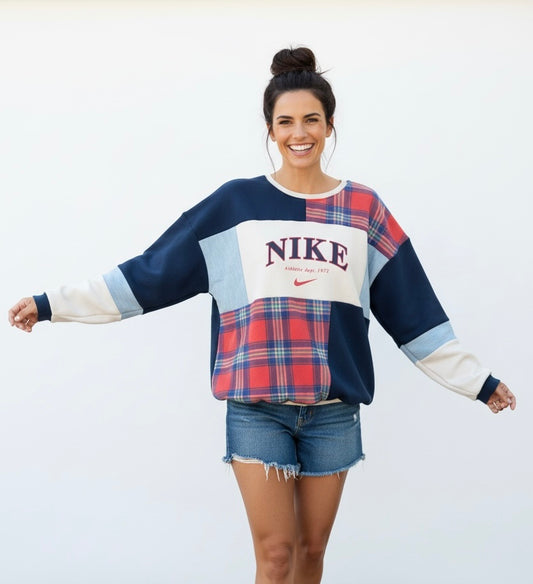 "DENIM & PLAID" Patchwork Sweatshirt.  Size L/XL