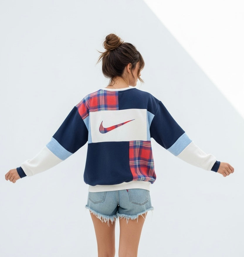"DENIM & PLAID" Patchwork Sweatshirt.  Size L/XL