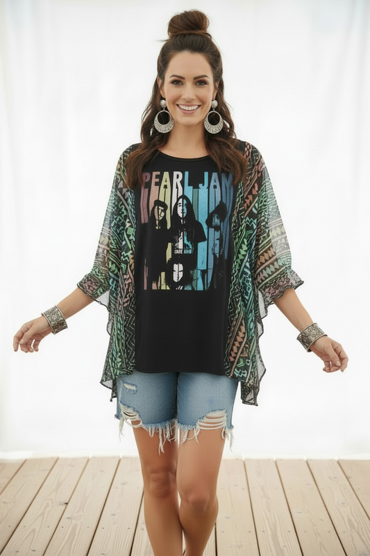 "Pearl Jam" Black T-Shirt with Colorful Geometric fabric.  One Size Fits S-XL