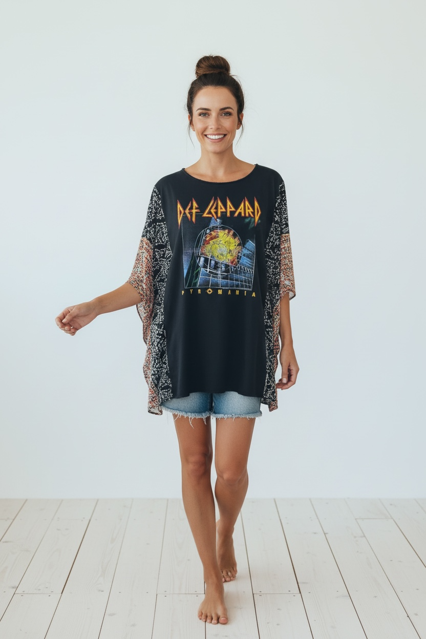 "Def Leppard" Black T-Shirt with multicolor sheer sleeves.  One Size Fits S-2X
