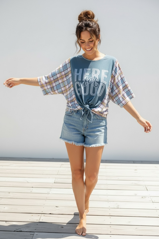"Here For Good" Blue T-Shirt with Multicolored accents.  One Size fist S-XL